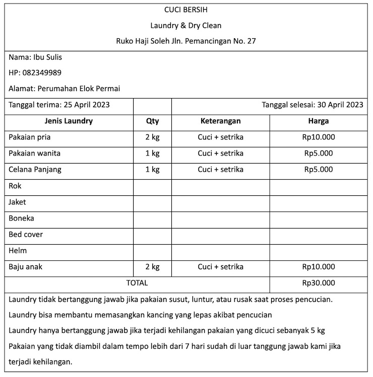Contoh Nota Jasa Laundry
