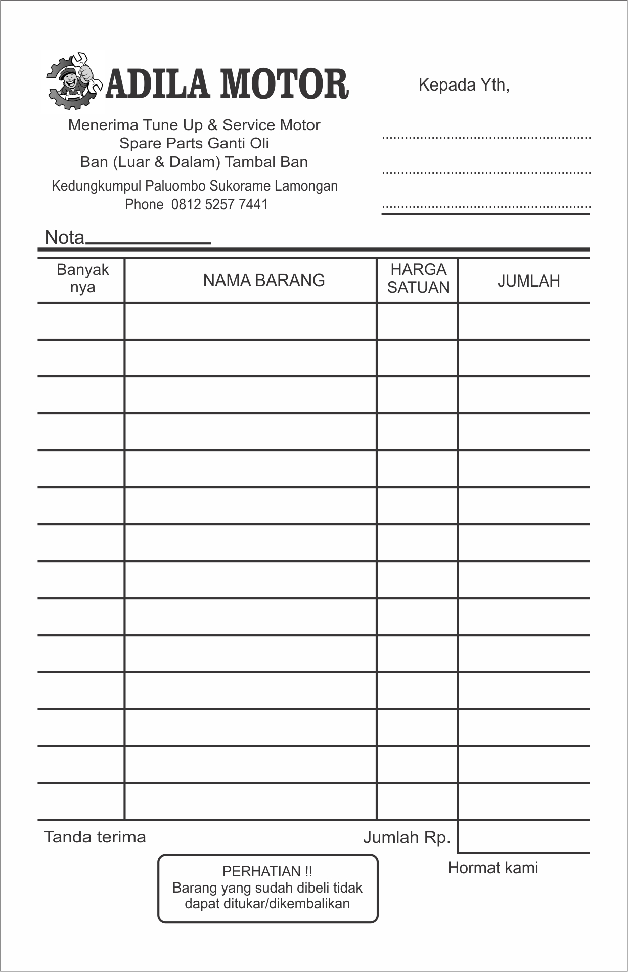 Contoh Nota Penjualan Bengkel Mobil dan Motor