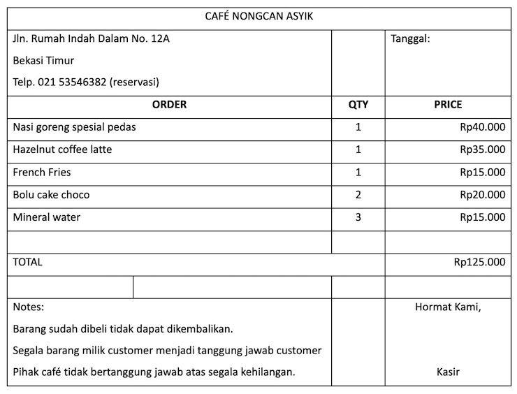 Contoh Nota Penjualan Cafe