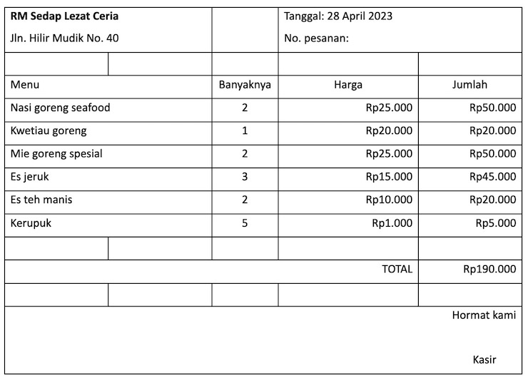 Contoh Nota Penjualan Rumah Makan