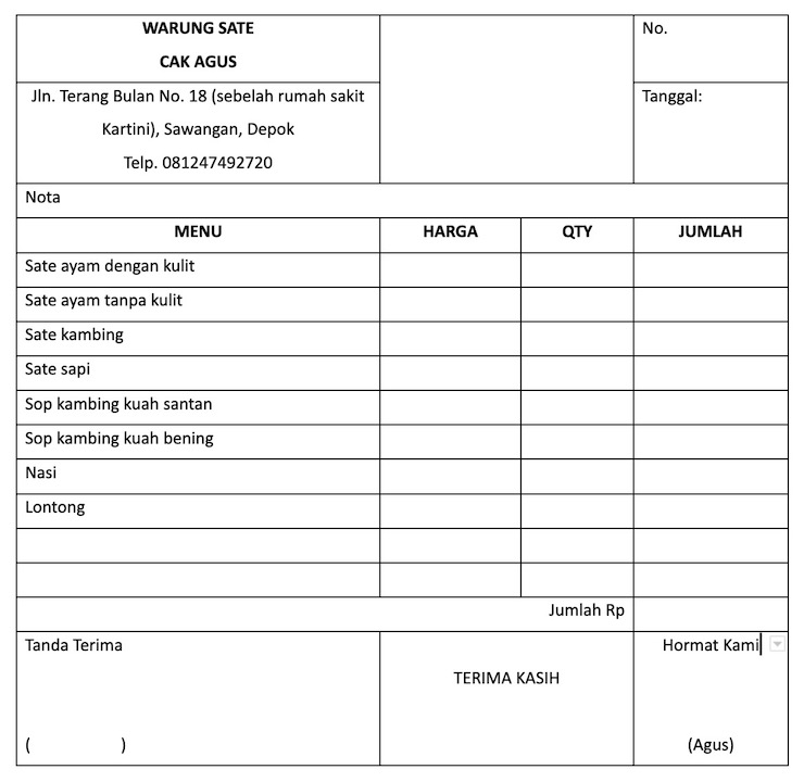 Contoh Nota Penjualan Warung Sate
